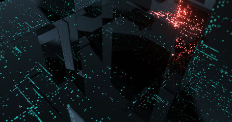 Poster - Source code on many monitor screens. Futuristic technology neon abstract motion background with glowing code letters. 3D render