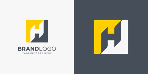 Poster - simple initial letter h logo. yellow and grey square shape with negative space h letter isolated on 