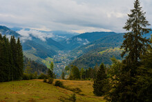 Ukrainian Picturesque Carpathian Village Luhy, Located At The Foot Of Many Mountains And Near The River Bila Tysa.
