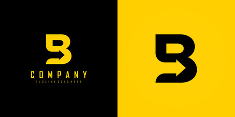 Poster - initial letter b logo. yellow and black shape with negative space right arrow inside isolated on dou
