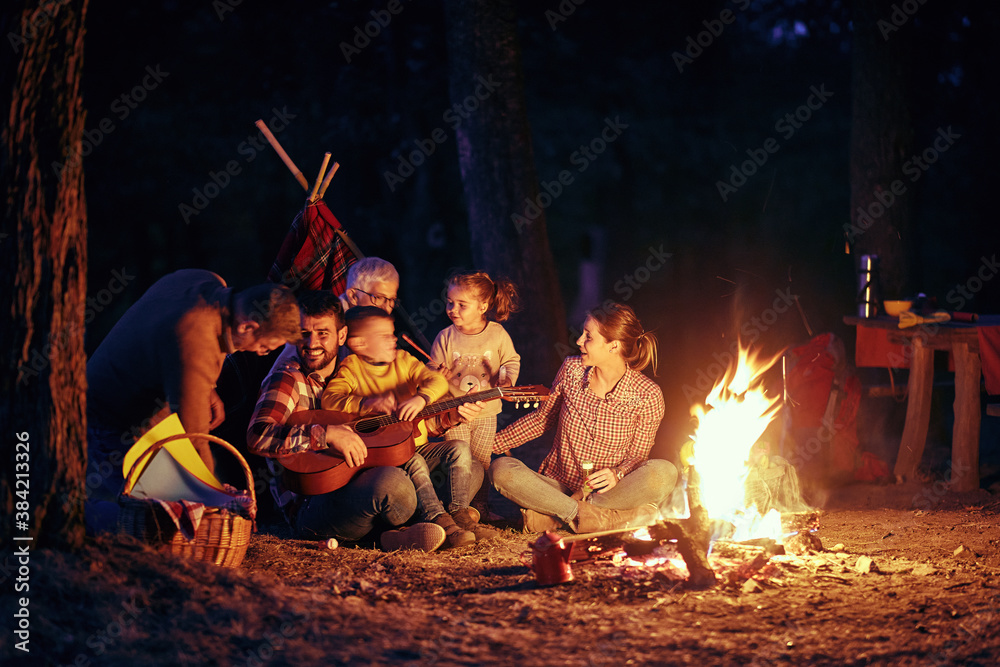 A happy family having a good time around a campfire in the forest - obrazy, fototapety, plakaty 