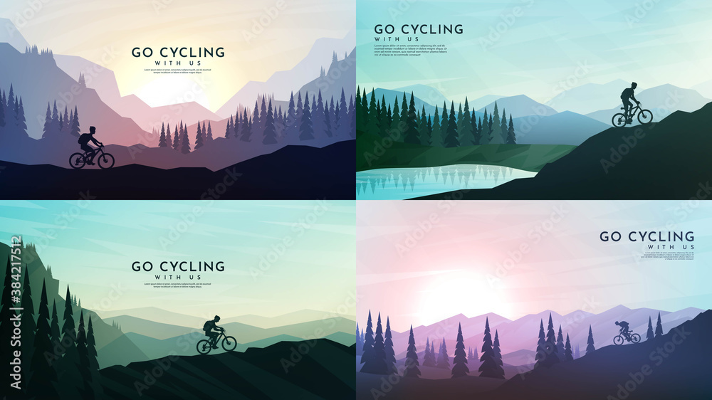 Travel concept of discovering, exploring and observing nature. Mountain bike. Cycling. Adventure tourism. Minimalist graphic poster. Polygonal flat design for book cover, poster, brochure, magazine - obrazy, fototapety, plakaty 
