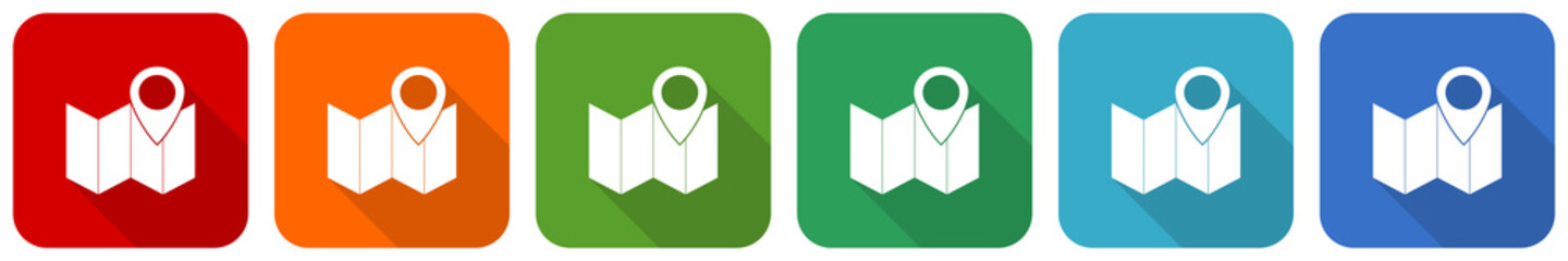 Aufkleber - Marker, map, location and travel icon set, flat design vector illustration in 6 colors options for webdesign and mobile applications