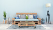 Skandinavisches, nordisches Wohnzimmer mit einer Paletten Couch und Tisch - Textfreiraum - Platzhalter