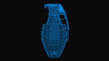 Grenade wireframe scheme. 3d render with blue grid lines. Loop rotation on black background.