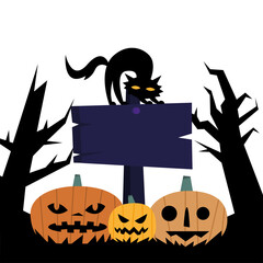 Wall Mural - halloween pumpkins cartoons with banner and cat vector design