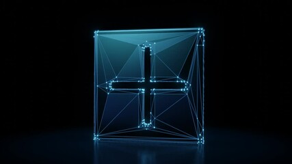 Wall Mural - 3d rendering 4k fly through wireframe neon glowing inverted plus symbol in square with bright dots on dark background with blured reflection on floor