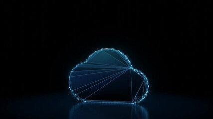 Canvas Print - 3d rendering 4k fly through wireframe neon glowing symbol of filled cloud with bright dots on dark background with blured reflection on floor