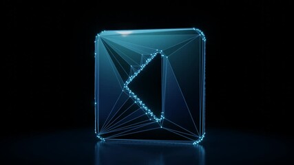 Sticker - 3d rendering 4k fly through wireframe neon glowing symbol of caret square left with bright dots on dark background with blured reflection on floor