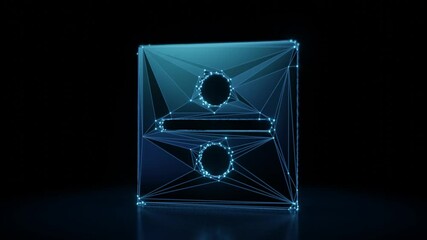 Wall Mural - 3d rendering 4k fly through wireframe neon glowing symbol of divide symbol in square with bright dots on dark background with blured reflection on floor