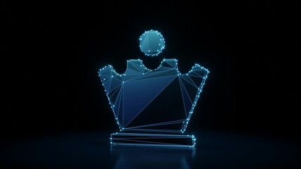 Wall Mural - 3d rendering 4k fly through wireframe neon glowing symbol of chess queen figure with bright dots on dark background with blured reflection on floor