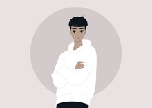 A Portrait Of A Young Asian Male Character Wearing A Blank Hoodie, Streetwear Fashion