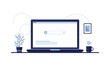 Vector illustration in flat style. Laptop with search page. Workplace with computer, pc. Screen monitor. Start page browser. Website internet. Stay and job in home. Blue