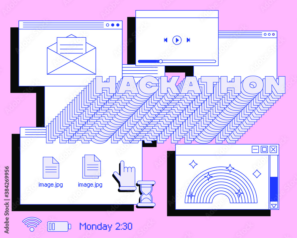 Collage of user interface elements, UI and UX theme. Trendy cover in vaporwave 80's-90's style, retrowave aesthetics. - obrazy, fototapety, plakaty 