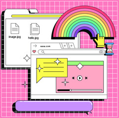 Poster - Collage of user interface elements and rainbow symbol, Vaporwave aesthetics of 80's,