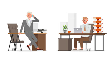 Old businessman working in office character vector design. Presentation in various action. no27