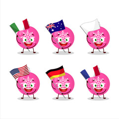 Poster - Christmas ball pink cartoon character bring the flags of various countries