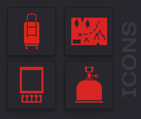 Poster - Set Camping gas stove, Suitcase, Folded map with location and Open matchbox and matches icon. Vector.