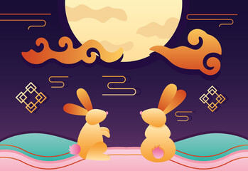 Wall Mural - happy mid autumn festival poster with fullmoon and rabbits couple