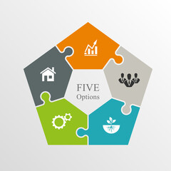 Fototapete - Five sided puzzle presentation infographic template with explanatory text field for business statistics