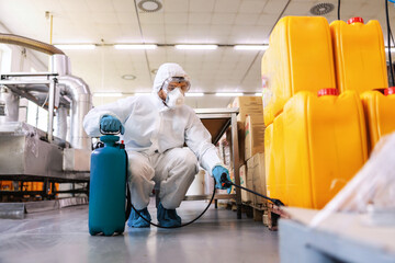 Wall Mural - Worker in sterile uniform with rubber gloves holding sprayer with disinfectant and spraying around warehouse. Corona outbreak concept.