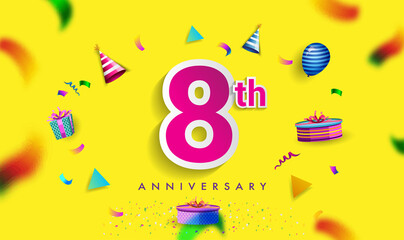 Wall Mural - 8th Years Anniversary Celebration Design, with gift box and balloons, ribbon, Colorful Vector template elements for your birthday celebrating party.