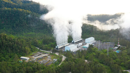 Aerial view of geothermal power production plant. Geothermal power station near to the active volcano Apo. Mindanao, Philippines