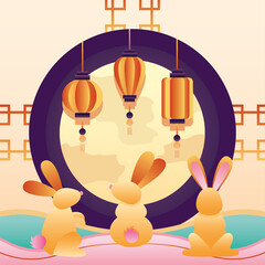 Wall Mural - happy mid autumn festival poster with fullmoon and rabbits group