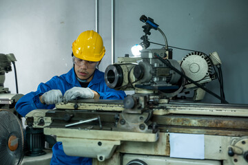 Poster - Factory worker are working on projects at machine for steel structure industry.