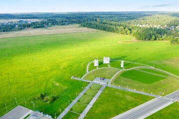 Top view of the Memorial Panfilov Heroes dedicated to 28 soldiers of the Red Army. A large stone statue of the military warriors in the field on guard of the border