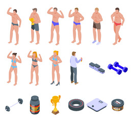 Poster - Bodybuilding icons set. Isometric set of bodybuilding vector icons for web design isolated on white background