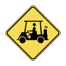 Golf Cart Crossing Warning Road Sign. Vector Illustration Of Yellow Diamond Shaped Traffic Sign With Golf Car Icon Inside. Caution Unexpected Entries Into The Roadway.