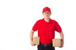© chee siong teh - young Asian delivery man in red uniform, carry cardboard box in hands isolated on white background.