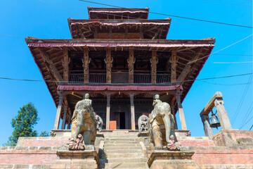 Wall Mural - Ganesh Shrine, Uma Maheshwar Temple guarded by two stone elephants, Kirtipur, Nepal