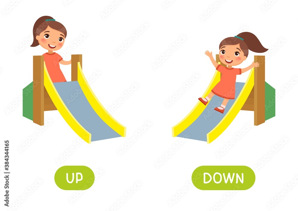 Opposites concept, UP and DOWN. Word card for language learning. Little ...