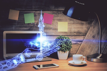 Aufkleber - Desktop computer background in office and start up theme hologram drawing. Double exposure. Startup concept.