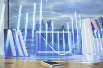 Forex market chart hologram and personal computer background. Multi exposure. Concept of investment.