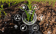 Maize seedling in cultivated agricultural field with graphic concepts modern agricultural technology, digital farm, smart farming innovation