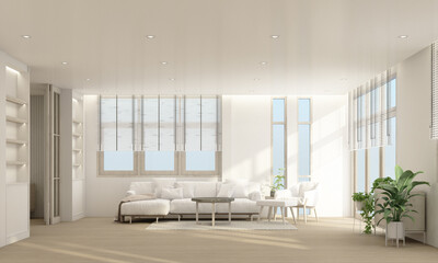 Poster - Stylish living room interior with comfortable sofa wooden floor and curtain 3d rendering