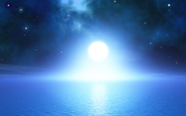 Wall Mural - 3d ocean landscape wiht nebula and stars