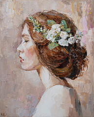 Pretty red-haired  girl with a flower in her hair,  painted in an expressive manner. Palette knife technique of oil painting and brush.