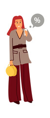 Poster - Woman with phone. Cartoon standing adult girl holding smartphone in hands. Cute female with speech bubble, sale percent symbol. Online shopping application, vector wireless communication technology