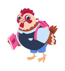 Sticker - Cute cartoon chicken with book and backpack. Rooster in uniform for study with schoolbag. Advertising of clothes for academy, goods for education. Vector little bird in elementary school illustration