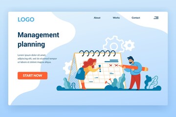 Aufkleber - Planning landing page. Time management and workflow organization concept with cartoon business people and calendar. Mobile or web application. Vector website interface design with buttons and text