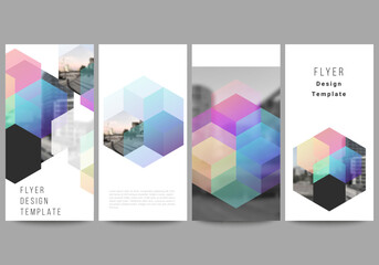 Poster - Vector layout of flyer, banner design templates with colorful hexagons, geometric shapes, tech background for website advertising design, vertical flyer design, website decoration backgrounds.