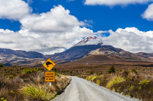 Kiwi Sign And Mount Ngauruhoe In New Zealand