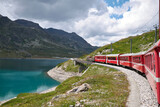 Fototapeta Morze - Bernina Pass, Switzerland - July 22, 2020 : View of Bernina train