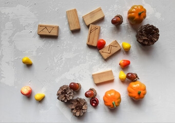 Runes made of wood on a gray background with cones, berries, autumn signs