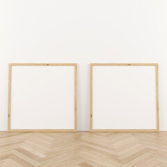 Two square wooden frame mockup. Two mock up poster on wooden floor. 2 frame 3d illustrations.