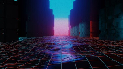 Wall Mural - Retro abstract futuristic abstract tunnel in cyberspace. Floating 3D render animation in seamless loop, motion design. Future technology landscape, geometric grid, abstract polygon synthwave